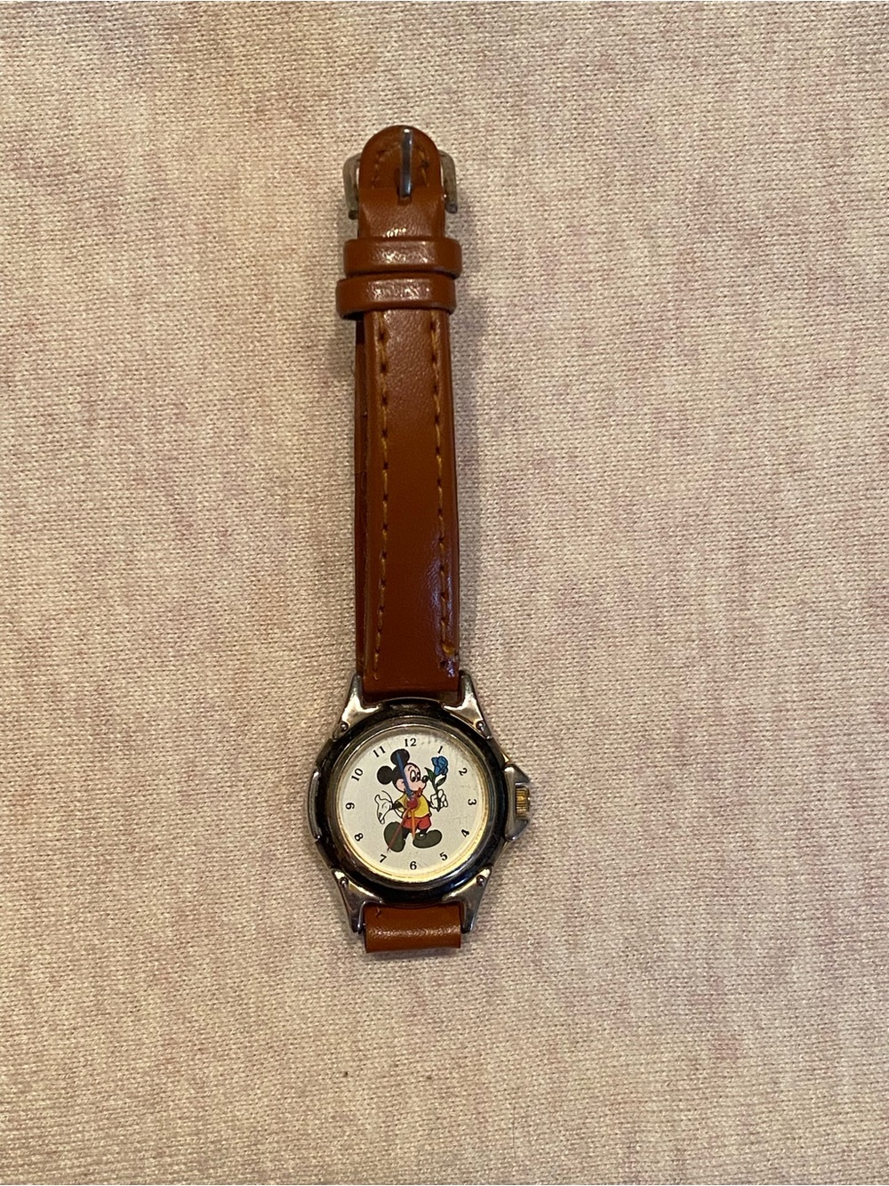 Brown Leather Strap Mickey Mouse Wristwatch